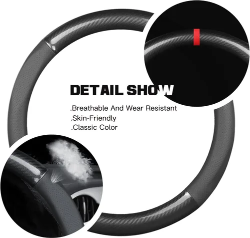 Miniatura 5 de Ergocar Funda para volante de auto Sport de fibra de carbono y cuero PU, protector antideslizante universal para volante de auto de 38 cm de negro