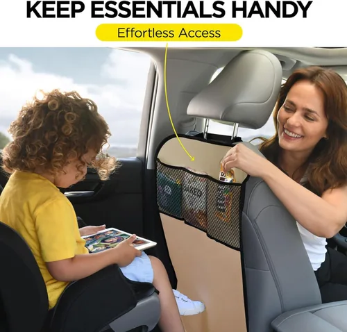 Miniatura 2 de lebogner Funda de asiento trasero para niños + organizador de almacenamiento de 3 bolsillos, paquete de 2 alfombrillas protectoras para asiento Beige