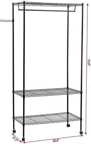Miniatura 2 de Polyial Weave 3 niveles de gran tamaño ajustable resistente estante de ropa con estantes dobles para ropa y ruedas con bloqueo+1 par de ganchos