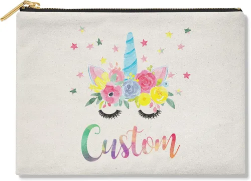 Bolsa de maquillaje, bolsa de cosméticos, bolsa de cosméticos, bolsa de maquillaje con nombre personalizado de unicornio en acuarela, bolsa de