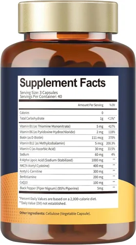 Miniatura 7 de R Ácido Alfa Lipoico 1000 mg con Benfotiamina – Suplemento de ALA de Sodio para Apoyo de Neuropatía, Salud Nerviosa y Antioxidante, Energía Celular