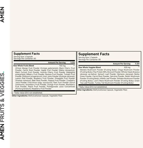 Miniatura 2 de Amen Paquete de vitaminas Fruits + Veggies, cápsulas multivitamínicas de alimentos integrales crudos, verduras verdes, frutas rojas y bayas, mezcla