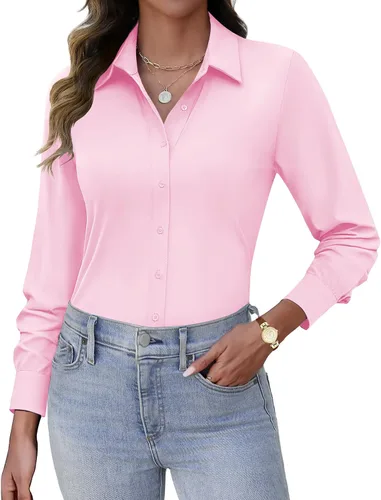 Miniatura 14 de HOTOUCH Camisas con botones para mujer, de manga larga, elásticas, sin arrugas, blusas de trabajo, ajustadas, para la oficina