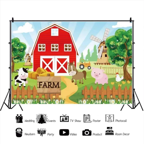 Miniatura 2 de Fondo de dibujos animados de 5 x 3 pies, diseño de granja de animales de casa roja, molino de viento, zoológico, lindo cerdo, vaca, animal, fondo