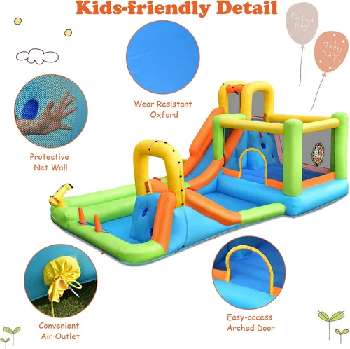 Miniatura 3 de OLAKIDS Tobogán acuático inflable, casa de rebote 7 en 1 con 2 toboganes de escalada de pared, piscina con 2 columnas de anillo, pistola de agua