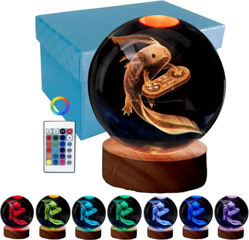 Miniatura 18 de Lámpara de bola de cristal 3D de Axolotl, lámpara de noche de bola de cristal mejorada de 3.15 pulgadas con 16 colores LED, base de madera, control