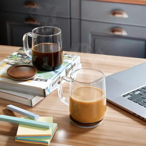 Miniatura 6 de Tazas de café de vidrio, tazas de café de vidrio de 14 onzas con tapas de madera de acacia, tazas de vidrio de borosilicato transparente con asas