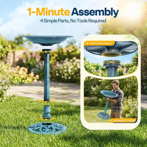 Miniatura 6 de VIVOHOME baño para pájaros, de polirresina, de 28 pulgadas de alto, antiguo, para exteriores, para el jardín, con base con flores, azul