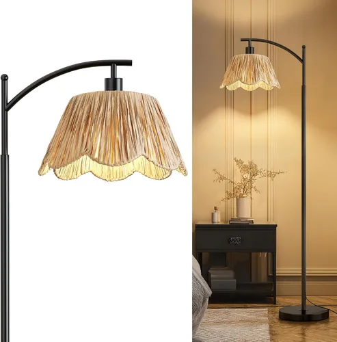 Miniatura 20 de Oneach Lámpara de pie arqueada para sala de estar, lámpara de pie de ratán boho con pantalla tejida a mano, interruptor a pedal, base y poste de Oro