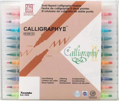 Kuretake ZIG CALLIGRAPHY - Juego de 2 marcadores de doble punta, 12 colores, 0.079 in, 0.138 in, puntas cuadradas, certificado AP, sin ensuciar,