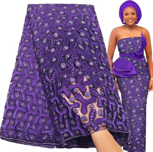 Miniatura 6 de Bestway Diamantes de imitación solubles en agua de moda Bordado con agujeros Tela de encaje africano 5 yardas Tela de estilo de fiesta de boda