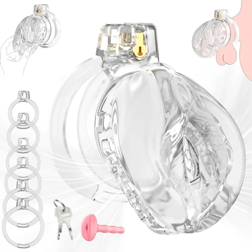 Jaula de Castidad Masculina – Jaula de pene suave y ligera con vagina realista y clítoris y anillos de 6 tamaños, cómodo dispositivo de castidad de