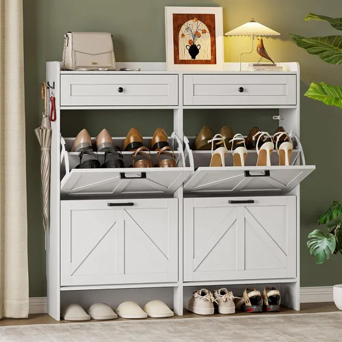 Miniatura 18 de BORNOON Gabinete de Almacenamiento de Zapatos para Entrada, Gabinete Estrecho de Zapatos Estilo Granja con 2 Cajones Abatibles y Cajones Superiores