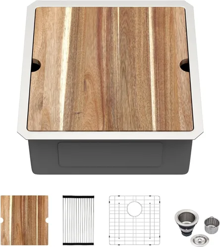 Miniatura 17 de Kichae fregadero de cocina bajo encimera de 32 pulgadas, de un solo tazón, de acero inoxidable, calibre 16, de esquina redonda, hecho a mano