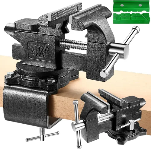 Torno de banco, tornillo de mesa de 4-1/2" para banco de trabajo, tornillo de banco multiusos resistente 2 en 1 con mordazas suaves