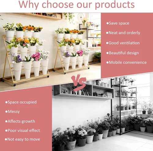 Miniatura 6 de Soporte de exhibición de flores de 3 niveles, soporte móvil de metal para plantas con 12 cubos, carrito de flores con ruedas, adecuado