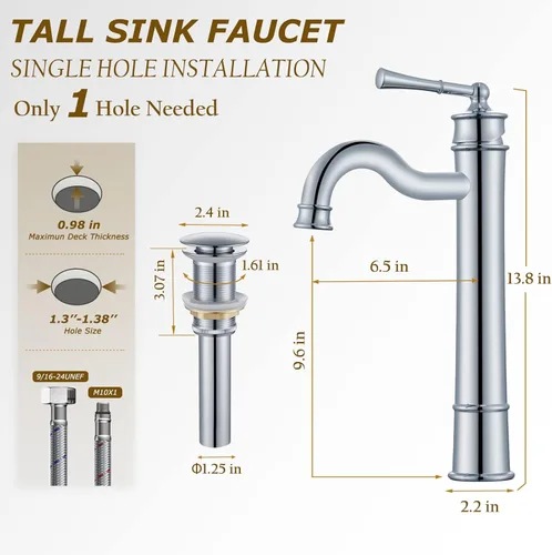 Miniatura 5 de Grifo para Lavabo de Recipiente Cromado Grifo Alto de Baño de Un Solo Agujero Montaje en Cubierta Ensamblaje de Desagüe Pop-up Sin Desbordamiento