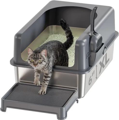 Miniatura 8 de Booche Caja de arena de acero inoxidable para gatos de alta cara, caja de arena de acero inoxidable con tapa, bandeja de arena de metal extragrande