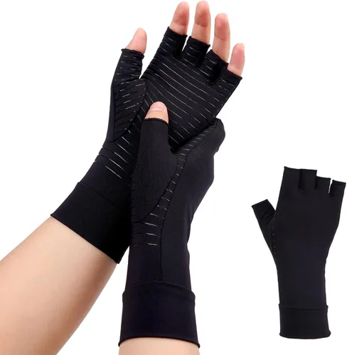 Guantes para artritis para mujeres y hombres, guantes sin dedos para la mano y el pulgar, negros