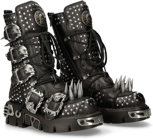 Miniatura 2 de New Rock Boots 1535-S1 - Botas góticas de cuero negro metálico con tachuelas para mujer