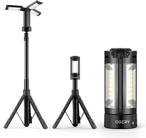 OGERY Luz de camping recargable de 10000mAh con soporte 2 m de altura máxima, luz de trabajo inalámbrica con 3 cabezales de lámpara LED, 2200