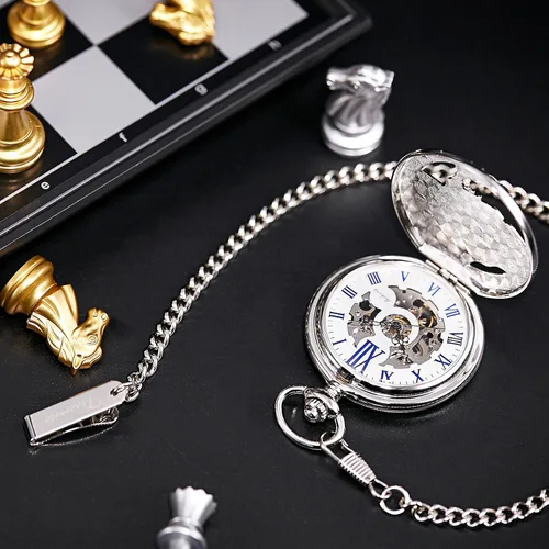 Miniatura 7 de Reloj de bolsillo mecánico antiguo para hombre y mujer, esqueleto plateado, tren de vapor, ferrocarril, números romanos, plateado, Mecánico
