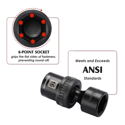 Miniatura 5 de MIXPOWER Juego de 10 piezas de llaves vaso universales de impacto poco profundo de 3/8", métrico, 10-19mm, llave de giro con oscilación flexible