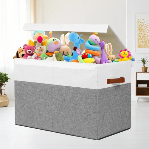 Miniatura 2 de Gowee Caja grande de almacenamiento de juguetes con tapa, cesta organizadora de juguetes resistente con divisores para niños, niñas, guardería, Gris