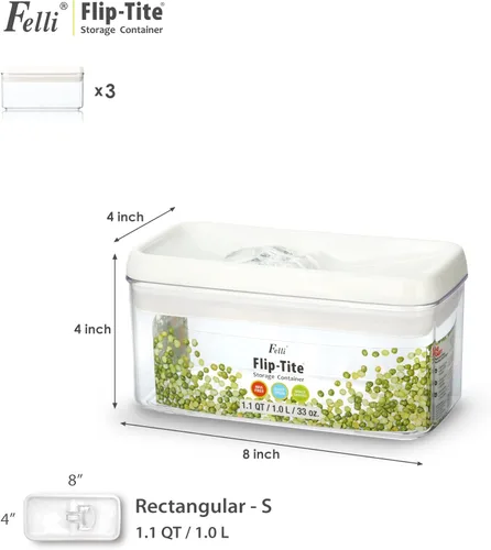 Miniatura 3 de Felli Flip Tite Contenedor de almacenamiento de alimentos con tapa RECTÁNGULO de 4" con anillo hermético y tapa con cierre abatible, juego de Blanco