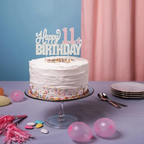 Miniatura 7 de Decoración de pastel de diamantes de imitación rosa y plateado con texto en inglés "Cheers to 11 Years Old Eleven Bday" de metal brillante