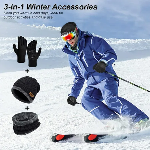 Miniatura 5 de Winter Hat Scarf Glove Set - Fleece Warm Knit Neck Warmer Beanie Cap Mittens