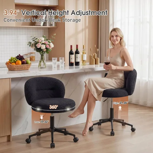 Miniatura 9 de Homkdom Silla de escritorio redonda pequeña, silla de tocador sin brazos con ruedas, altura ajustable y giratoria de 360°, bonita silla de Negro