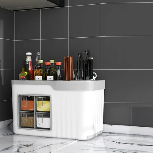 Miniatura 10 de Dxcaicc Caja multifuncional de condimentos de cocina, caja de almacenamiento de cuchara, tarro de cepillo de cocina, organizador de cocina 4 en 1