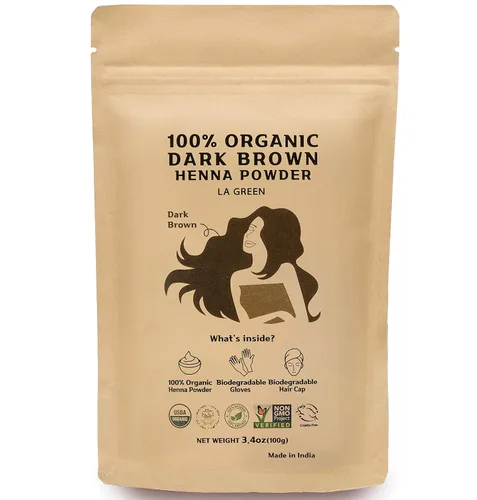Polvo de henna marrón oscuro 100% orgánico USDA para tinte para el cabello, color natural para el cabello, cabello suave, brillante y saludable, sin