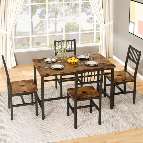 Miniatura 4 de AWQM Juego de mesa de comedor de 47.2 pulgadas para 4, mesa industrial con 4 sillas curvas, juego de mesa de cocina rectangular de 5 piezas