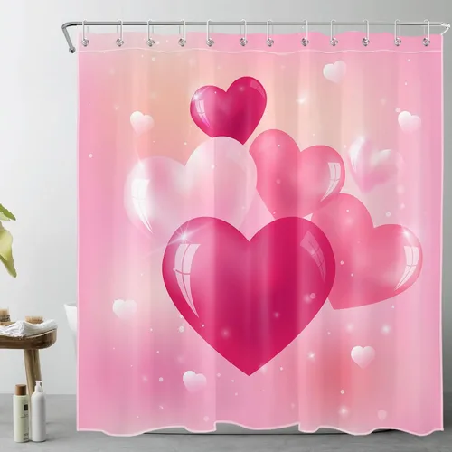 Miniatura 9 de LB Juego de cortinas de ducha Love Theme con corazones de cristal brillante en rosa, cortina de baño para niñas adolescentes con ganchos, 60 x 72