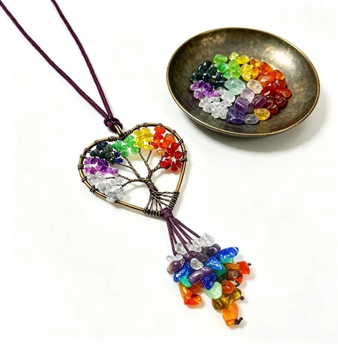 Miniatura 4 de Hecho a mano con piedras de chakras del árbol de la vida, accesorios colgantes para espejo de automóvil, para mujeres y hombres, 7 chakras