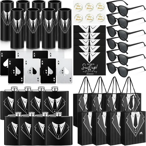 Bokon 48 piezas de regalos para padrinos de boda para hombres, frasco de esmoquin de acero inoxidable, para padrinos de boda, anteojos de póquer,