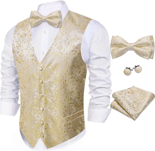 Miniatura 31 de Barry.Wang Conjunto de chaleco de pajarita para hombre, chaleco con cuello en V de seda jacquard de cachemira, gemelos de pañuelo formal/ocio, boda