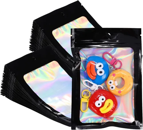 Miniatura 11 de 50 bolsas holográficas negras de Mylar de 5.5 x 7.8 pulgadas, bolsas con cremallera de aluminio resellables para gomitas, recuerdos de fiesta