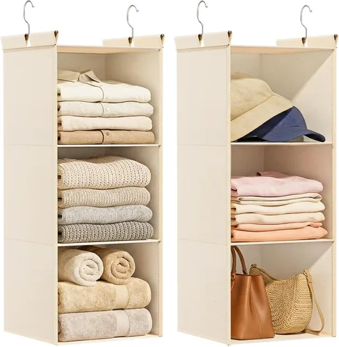 Ofiray-home Organizador doble colgante de algodón puro, paquete de 2 bolsas de almacenamiento transpirables de 3 niveles para armario, caravana,