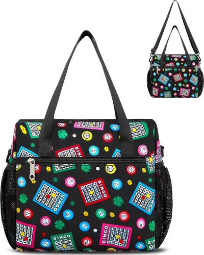 Bolsa de bingo para Daubers Dabbers Dobbers Dotters resistente al agua, bolsa de accesorios de bingo con bolsillos para adultos mayores (negro/verde)