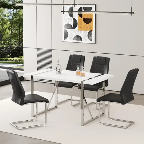 Miniatura 17 de Juego de mesa de comedor moderna de 55 pulgadas para 4, mesa de comedor negra y marco de metal dorado, mesa de comedor rectangular con 4 sillas