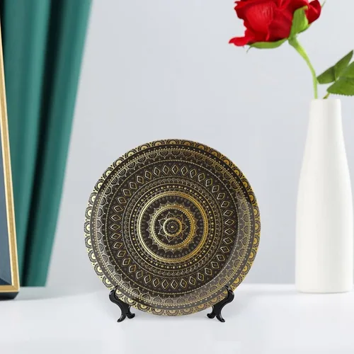 Miniatura 6 de XISUNYA Plato decorativo de 6 pulgadas, porcelana redonda de mandala dorada, plato de exhibición de estampado floral indio oriental para mesa