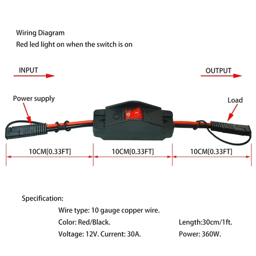 Miniatura 5 de Cable convertidor SAE de 30A 12VDC con interruptor de encendido/apagado Arnés de cables SAE a SAE de 10 AWG, 2 pines, conexión y desconexión