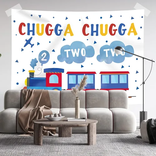 Miniatura 5 de Telón de fondo de feliz segundo cumpleaños de 7 x 5 pies, tren azul y rojo para niño, Chugga Chugga, dos dos nubes, plano de fotografía, fondo