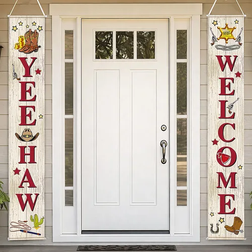 Miniatura 5 de Blulu Decoración de puerta de fiesta de vaquero occidental, decoración temática del salvaje oeste, cartel colgante de porche de bienvenida Yee Haw
