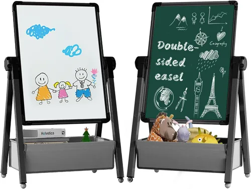 Miniatura 2 de Caballete de arte para niños, caballete de dibujo de doble cara para niños, pizarra blanca y pizarra negra, giratorio 360° ajustable (negro)