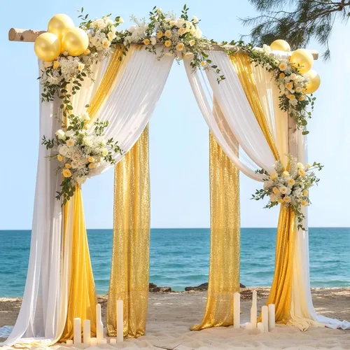 Miniatura 6 de Tela para Cubrir Arco de Boda, 1 Panel de 28" x 19 pies de Tela de Gasa Blanca y 1 Panel de 16" x 19 pies de Tela de Gasa con Lentejuelas Dorada