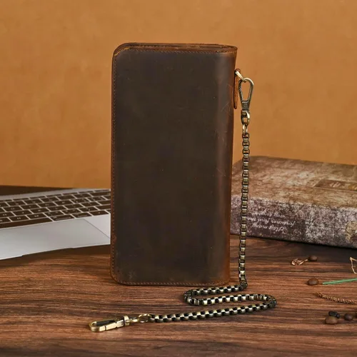 Miniatura 74 de Genuino Caballo Loco Cuero Regalo de Viaje Moneda Bolsillo Tarjetero Organizador Largo Cadena Rfid Cartera Monedero Con Broche Para Hombres Hombres